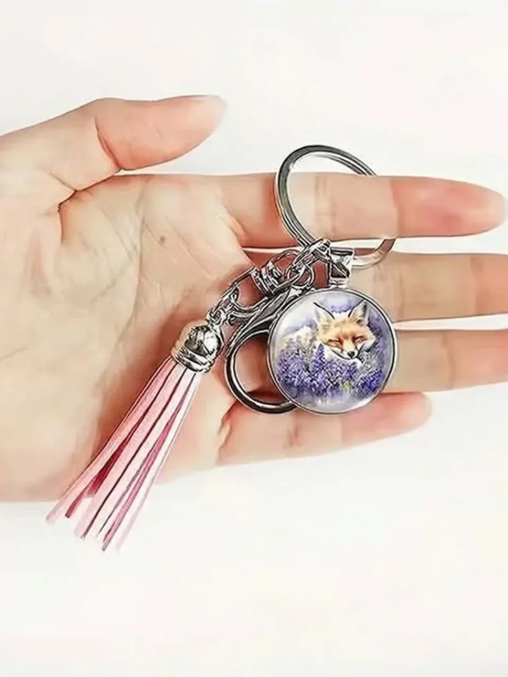 Stainless Steel FOX Keyring Keychain with Pink Tassell Accessory